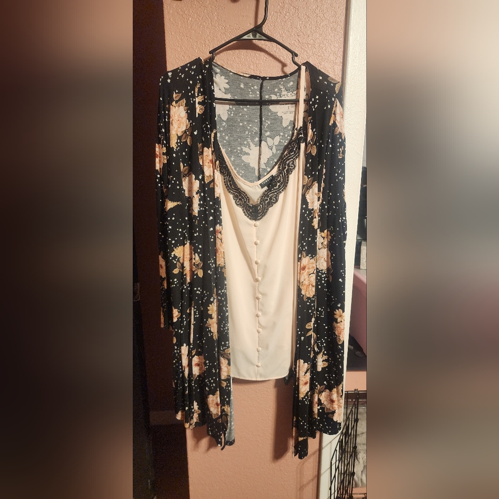 Floral Black and Cream Cardigan with Lace Trim Top